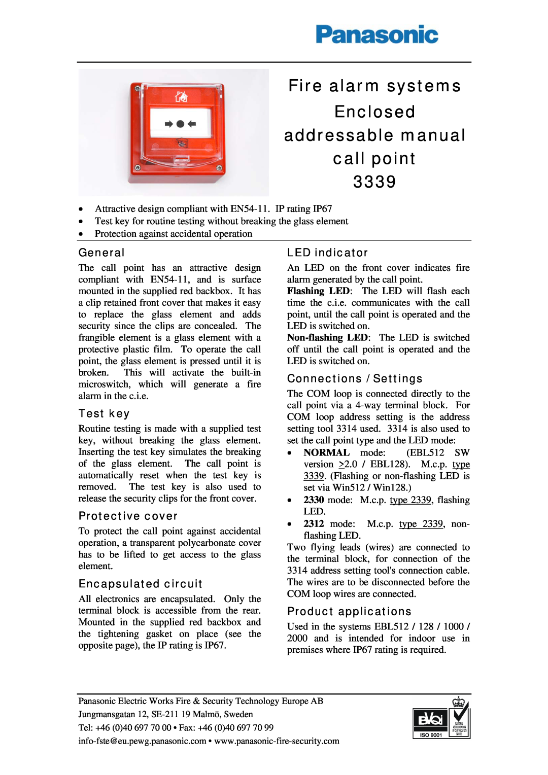 Panasonic 3339 manual Fire alarm systems Enclosed addressable manual, call point, General, Test key, Protective cover 