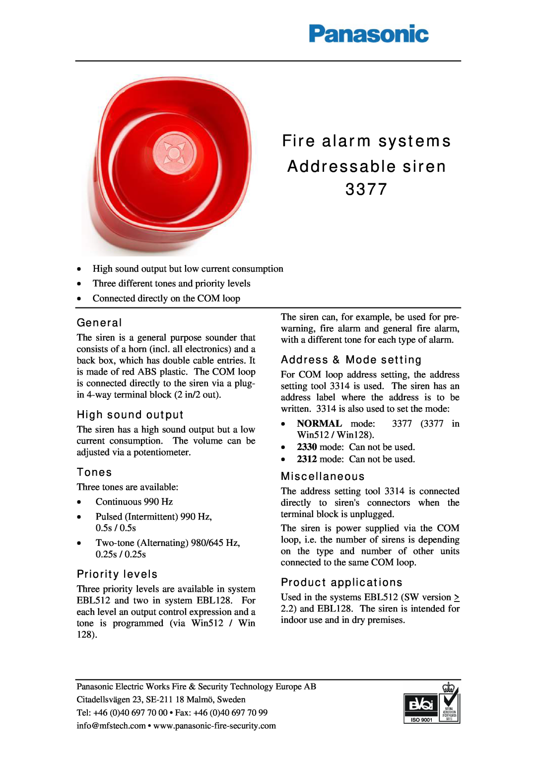 Panasonic 3377 manual Fire alarm systems Addressable siren, General, High sound output, Tones, Priority levels 