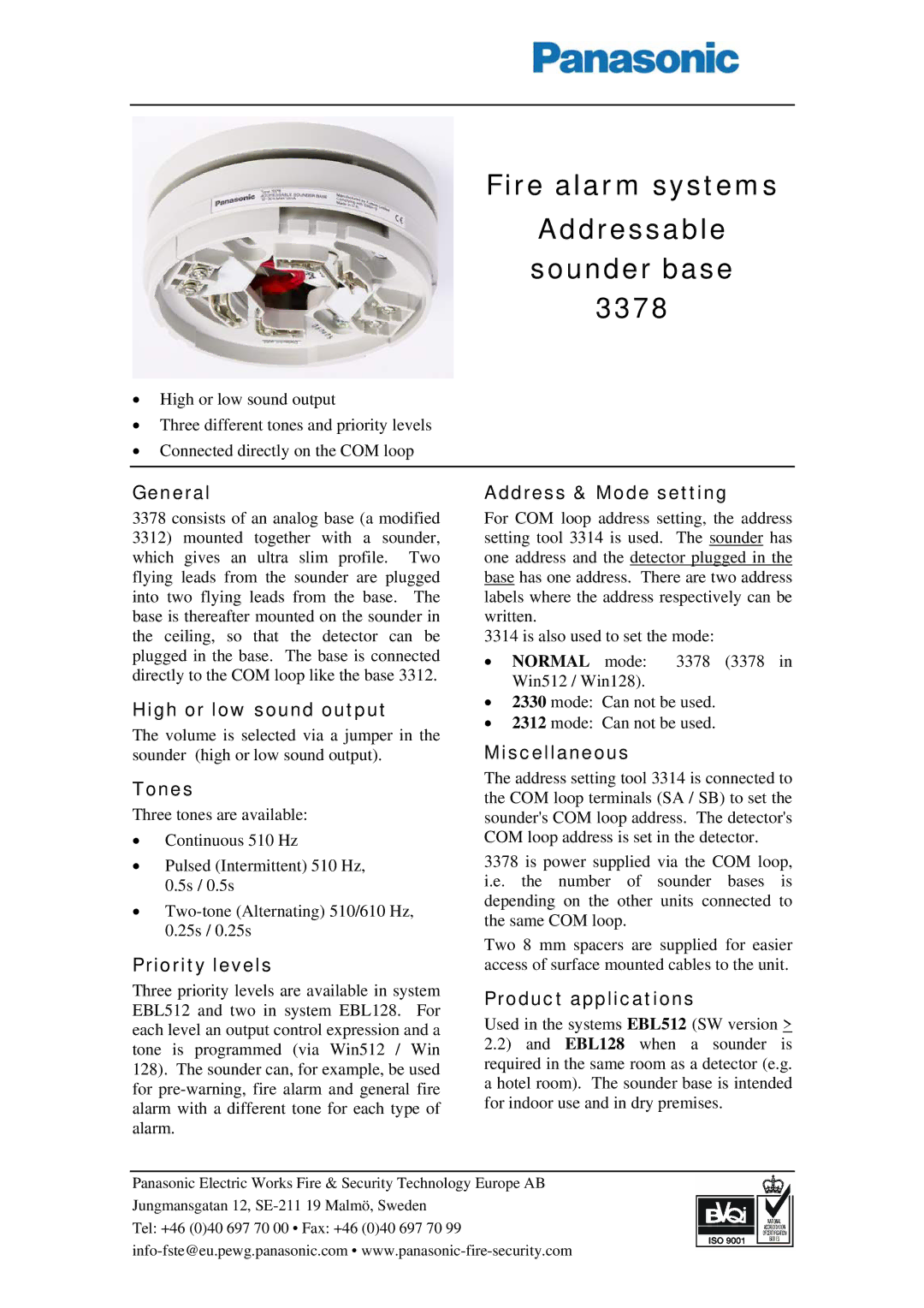 Panasonic 3378 manual Fire alarm systems Addressable sounder base 