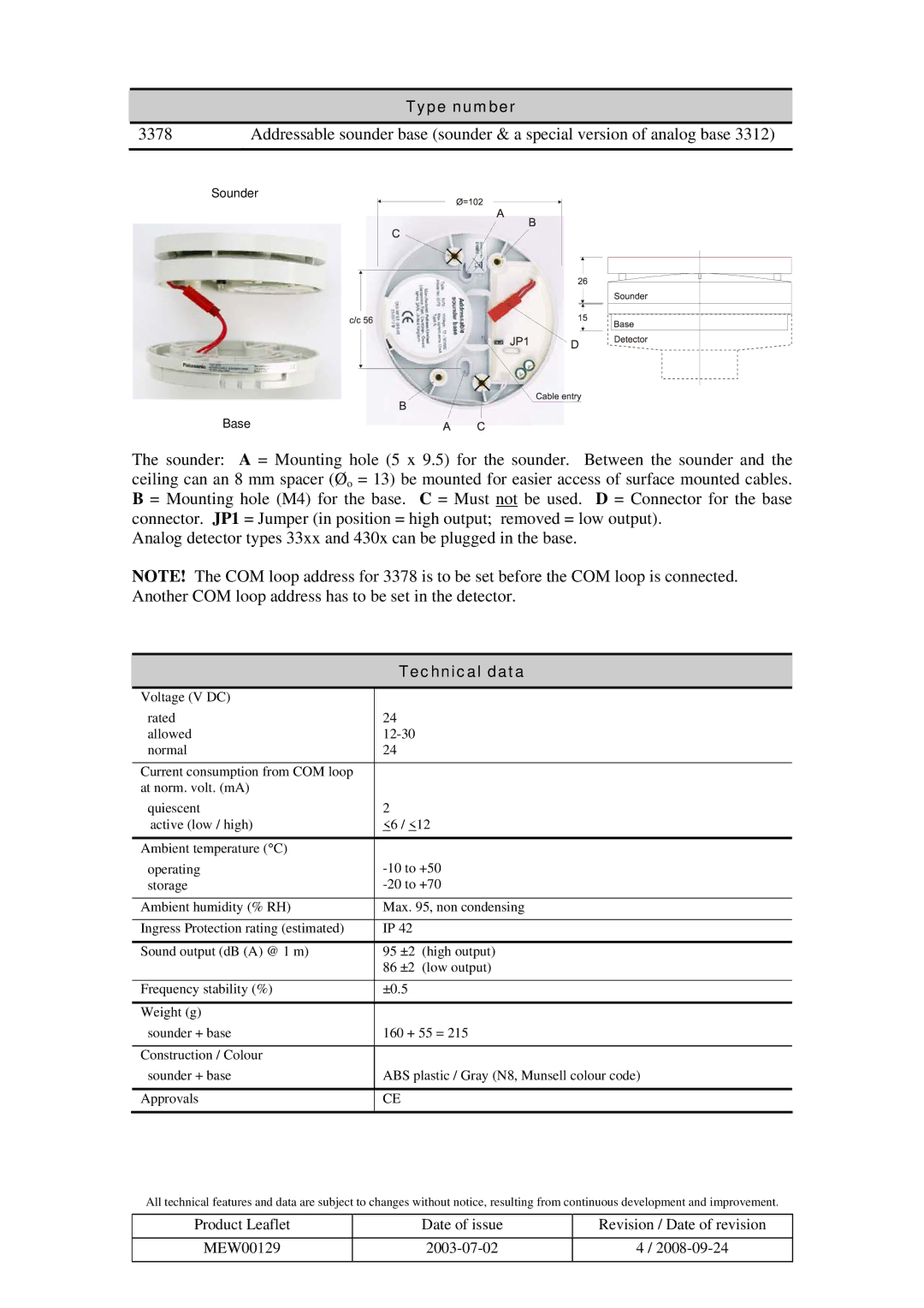 Panasonic 3378 manual Type number, Technical data 