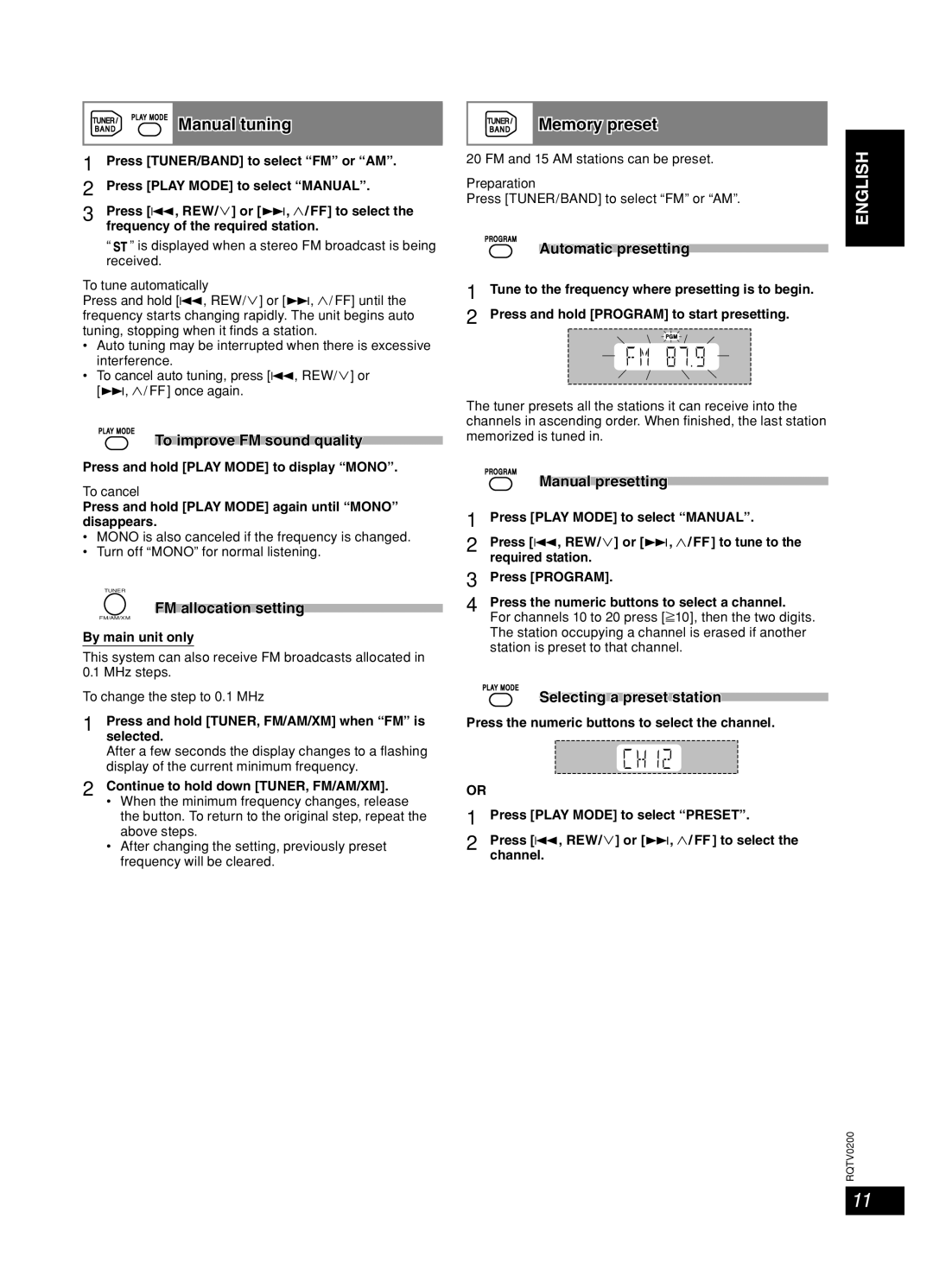 Panasonic SC-AK750, 377, Stereo System FM/AM radio, Manual tuning, To improve FM sound quality, FM allocation setting 