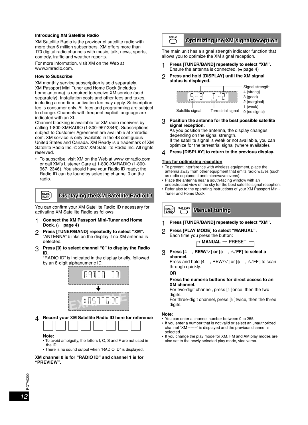 Panasonic 377, Stereo System, SC-AK750 Optimizing the XM signal reception, Displaying the XM Satellite Radio ID, Manual 