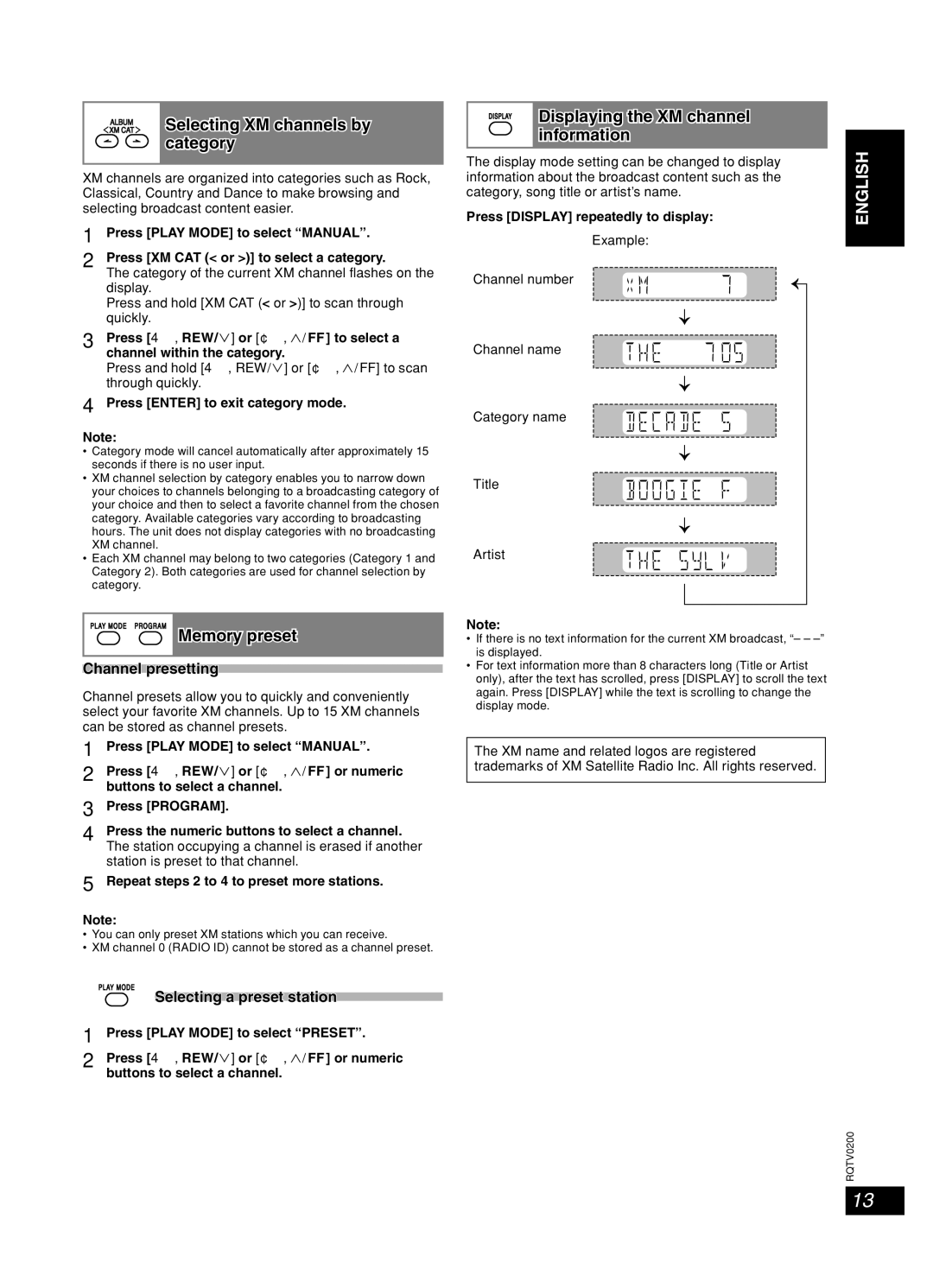 Panasonic Stereo System, 377 Selecting XM channels by, Category, Memory preset, Displaying the XM channel information 