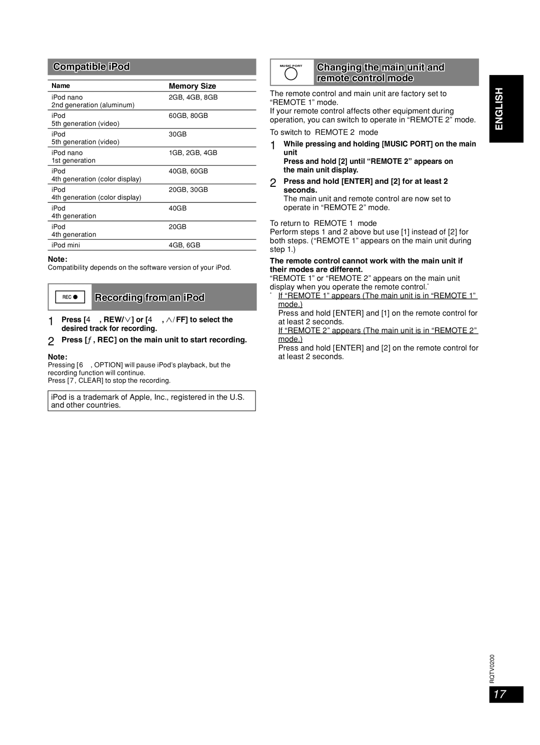 Panasonic SC-AK750, 377, Stereo System Compatible iPod, Recording from an iPod, Changing the main unit, Remote control mode 