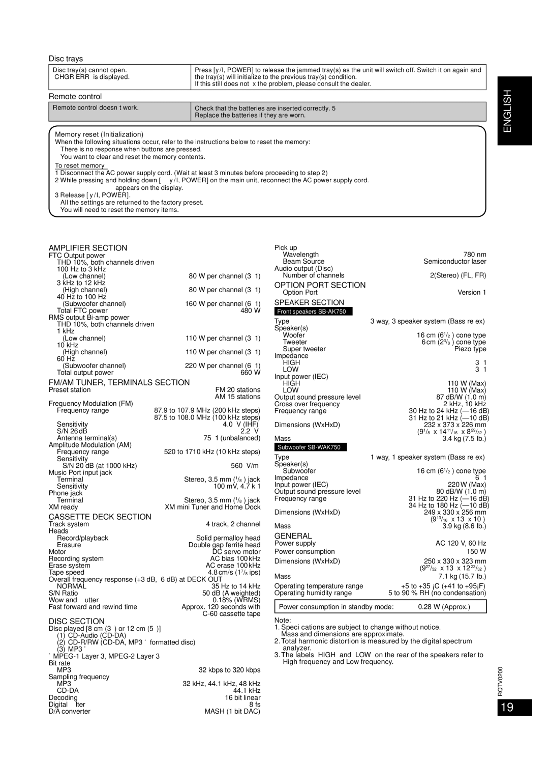 Panasonic Stereo System, 377, SC-AK750 operating instructions Speciﬁcations, Dansk Français, Disc trays, Remote control 