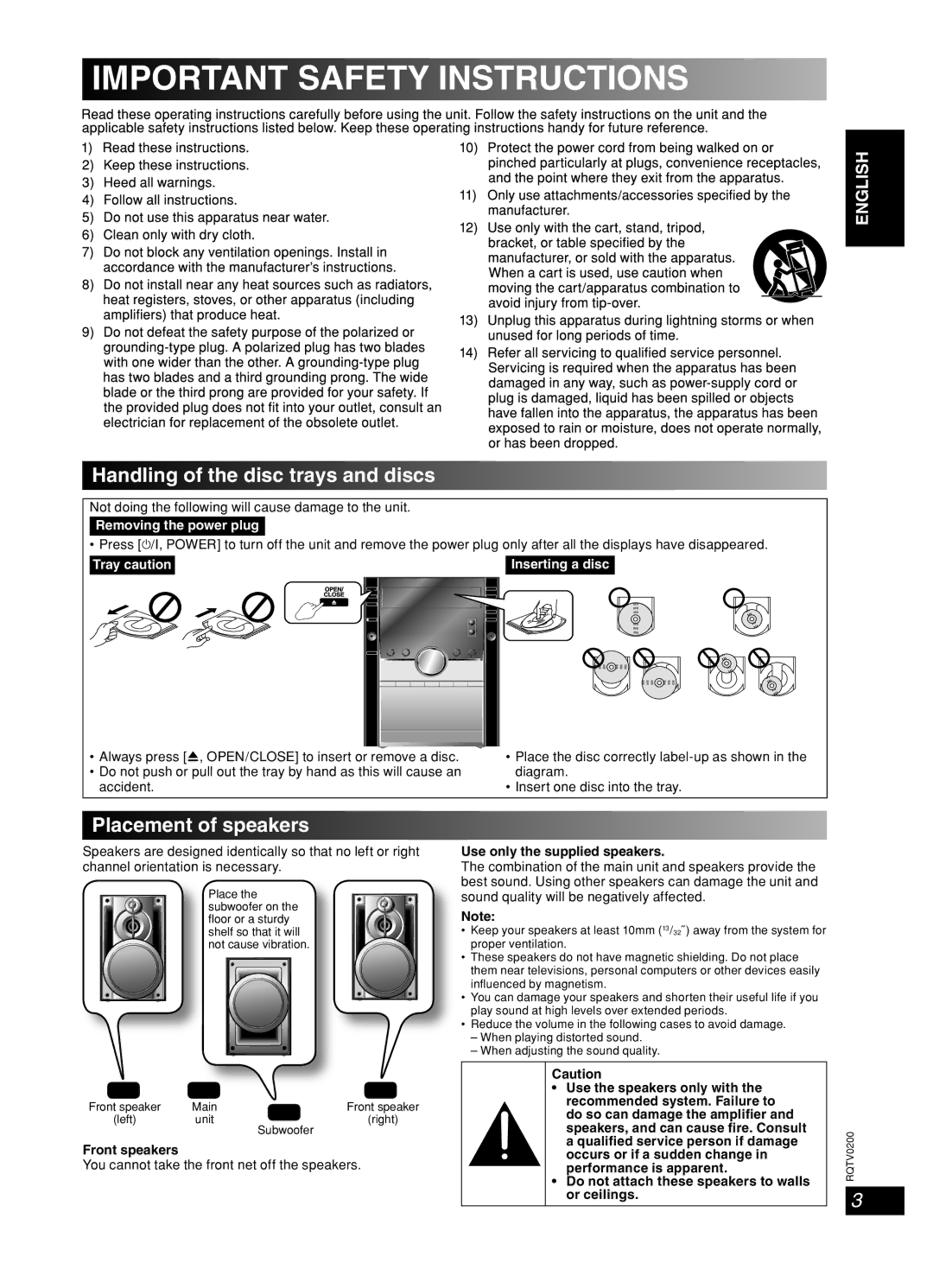 Panasonic 377, Stereo System Handling of the disc trays and discs, Placement of speakers, Use only the supplied speakers 