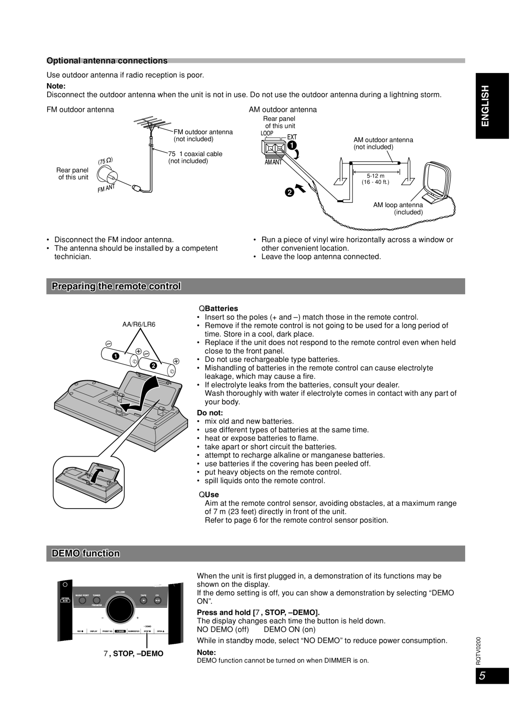 Panasonic SC-AK750, 377, Stereo System English, Preparing the remote control, Demo function, Optional antenna connections 