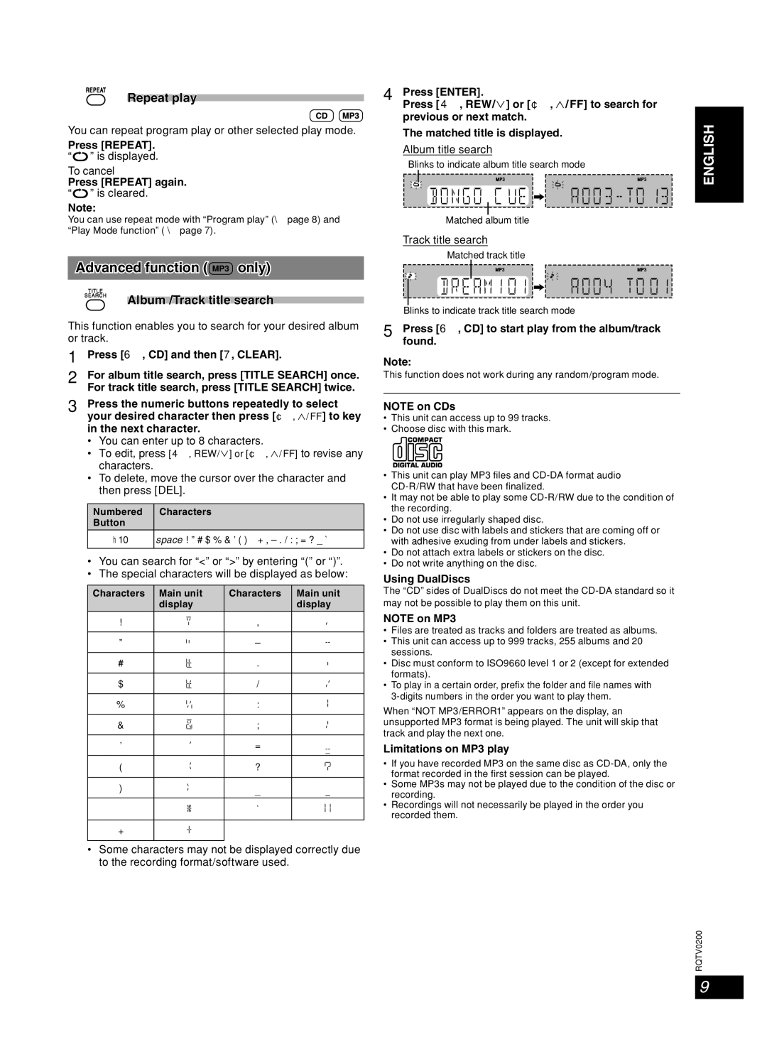 Panasonic 377, Stereo System, SC-AK750 Advanced function only, Repeat play, Album /Track title search, To cancel 