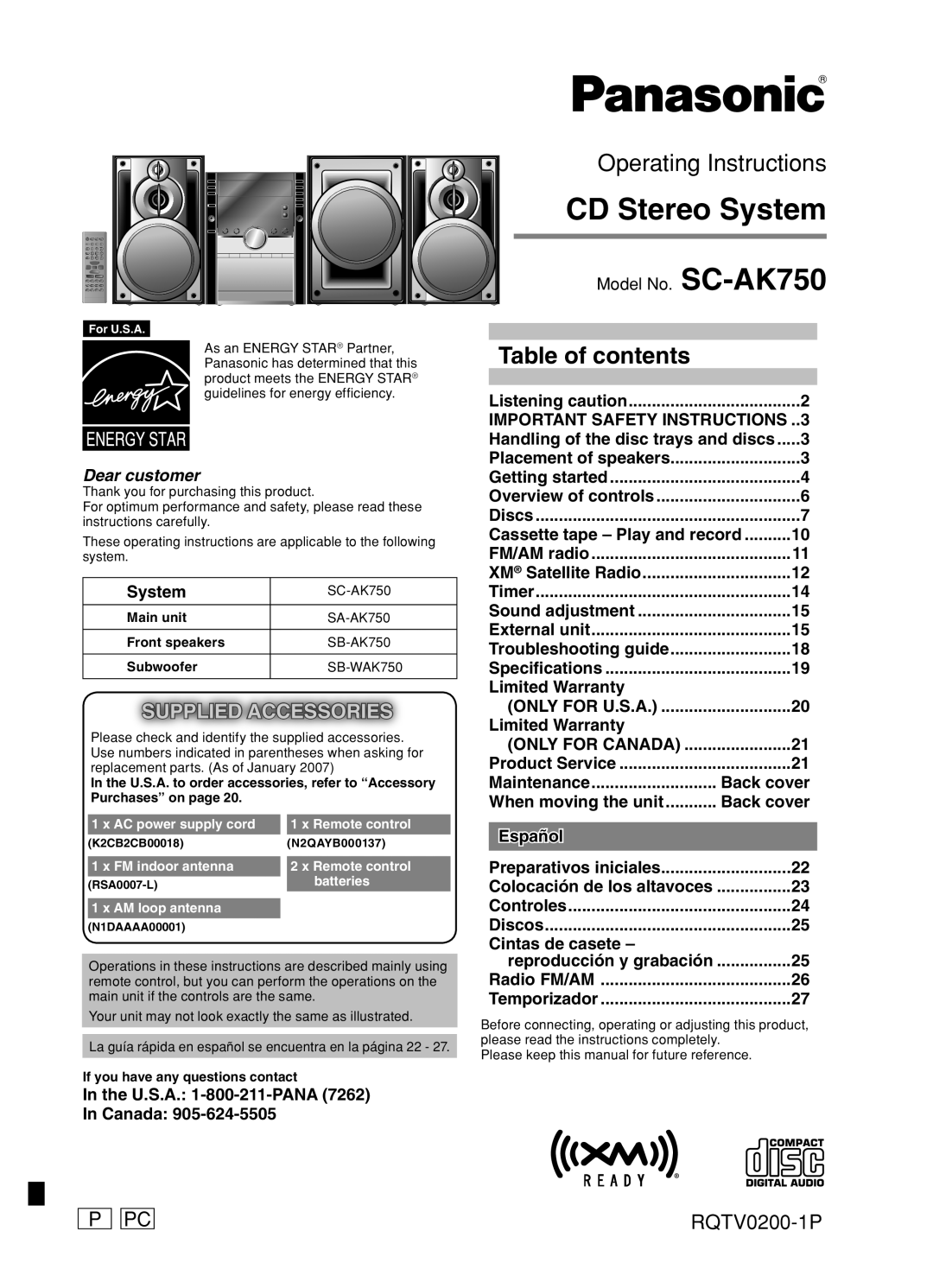 Panasonic Stereo System, 377 operating instructions P Pc, RQTV0200-1P, Model No. SC-AK750, Important Safety Instructions 