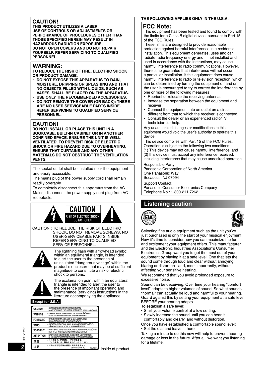 Panasonic SC-AK750, 377, Stereo System operating instructions Listening caution, English Dansk, Français, Lang 
