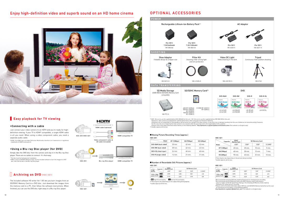 Panasonic 3CCD HD specifications Optional Accessories 