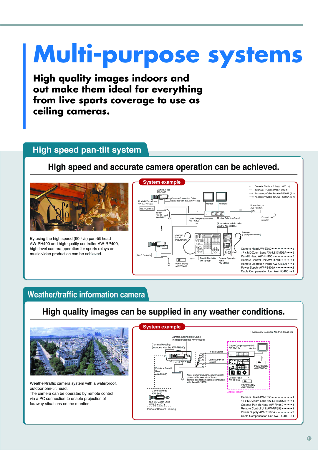 Panasonic 3CCD manual Multi-purpose systems, High speed pan-tilt system, Weather/traffic information camera 