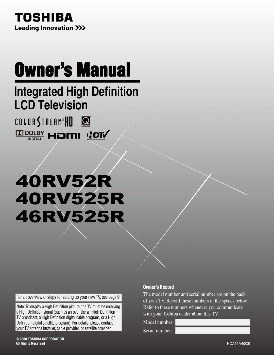 Panasonic owner manual 40RV52R 40RV525R 46RV525R 