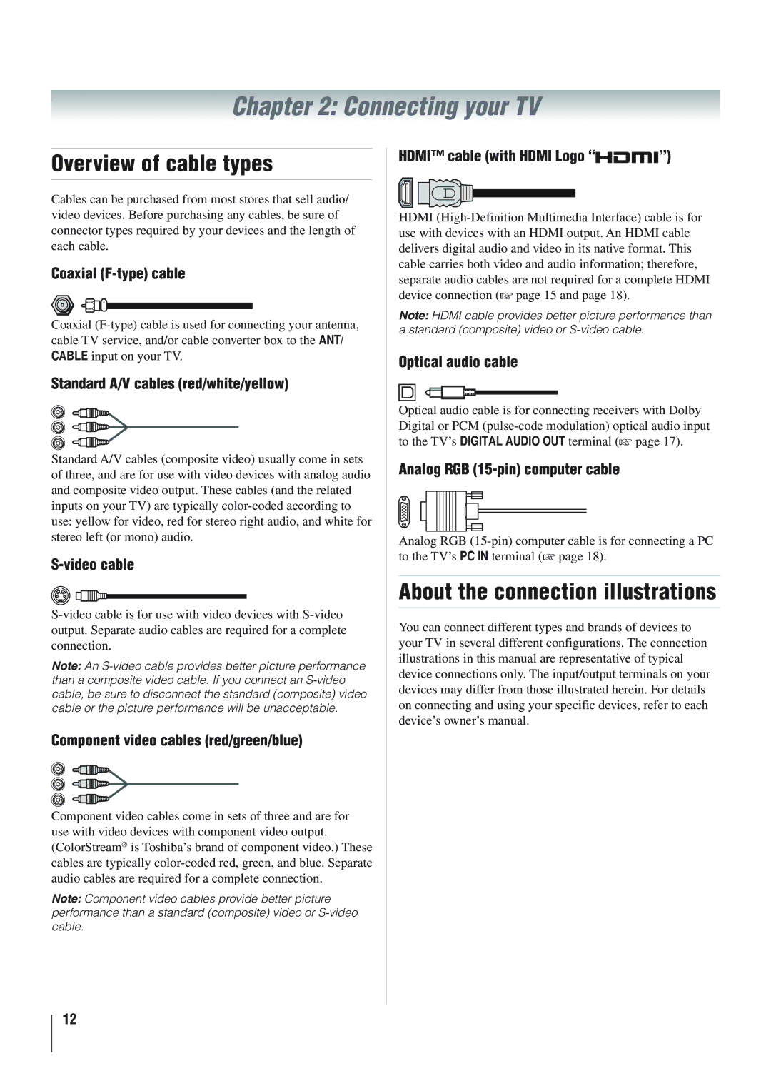 Panasonic 40RV52R, 46RV525R, 40RV525R Connecting your TV, Overview of cable types, About the connection illustrations 