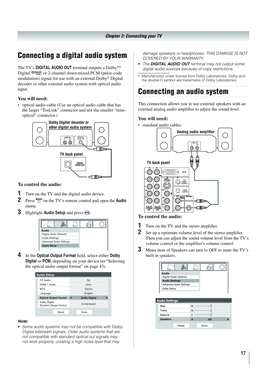 Panasonic 40RV525R, 40RV52R, 46RV525R Connecting an audio system, Connecting a digital audio system, To control the audio 