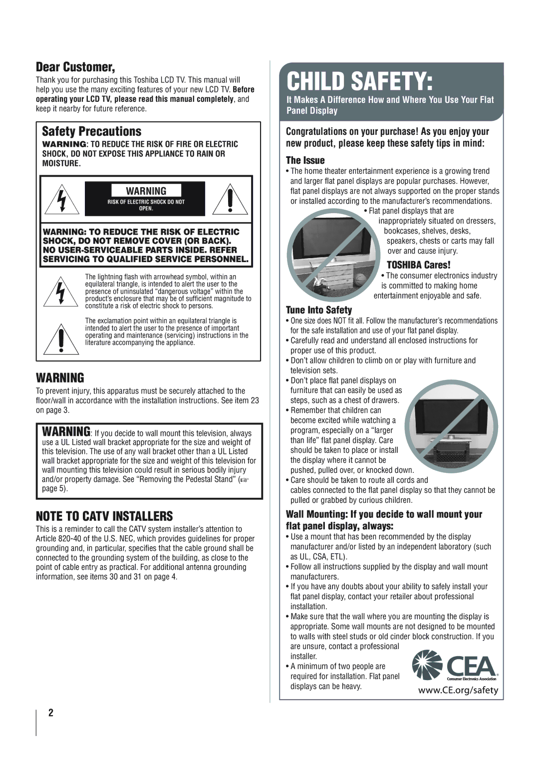 Panasonic 40RV525R, 40RV52R, 46RV525R owner manual Dear Customer, Safety Precautions, Issue, Toshiba Cares, Tune Into Safety 