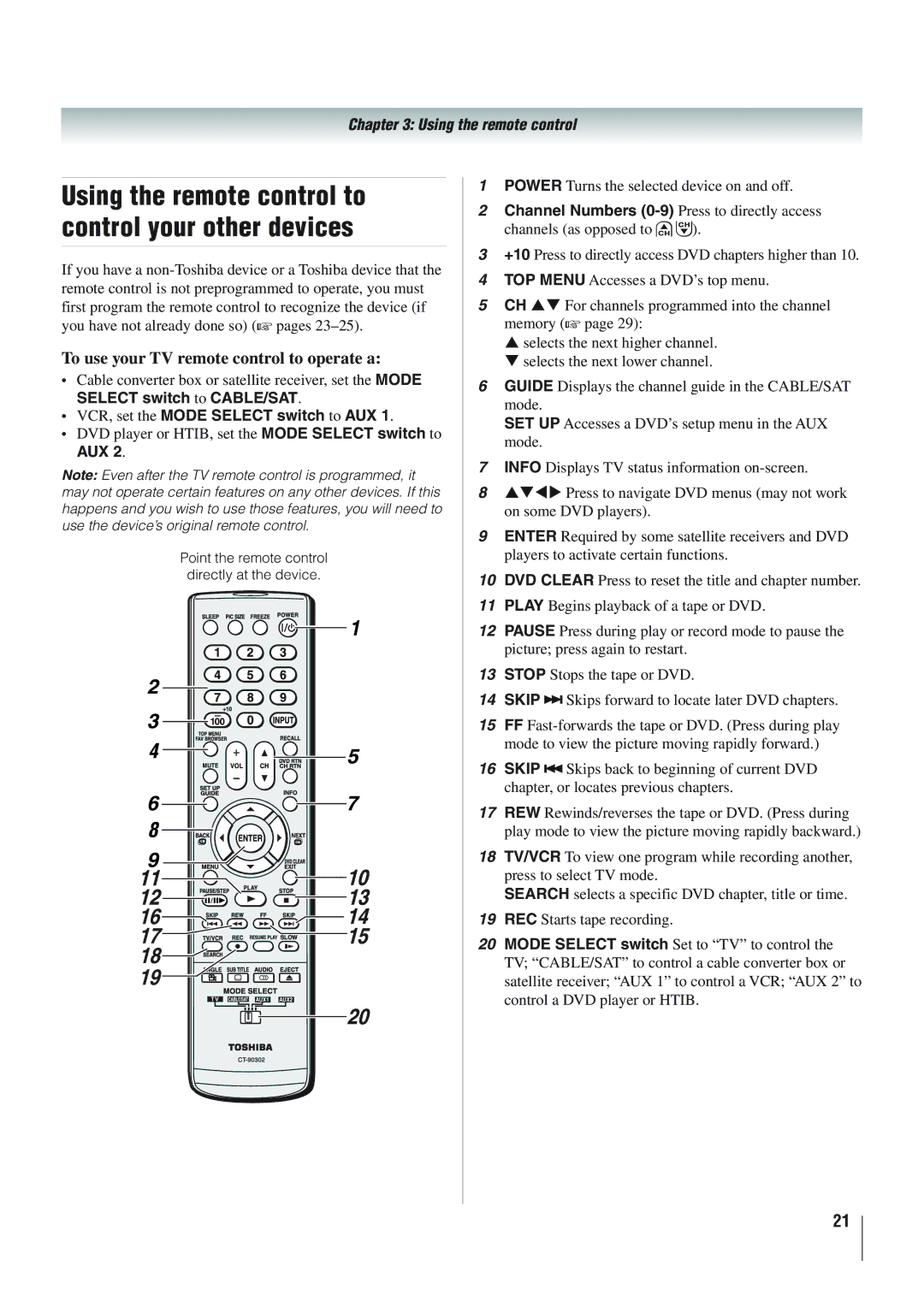 Panasonic 40RV52R, 46RV525R To use your TV remote control to operate a, VCR, set the Mode Select switch to AUX, Aux 