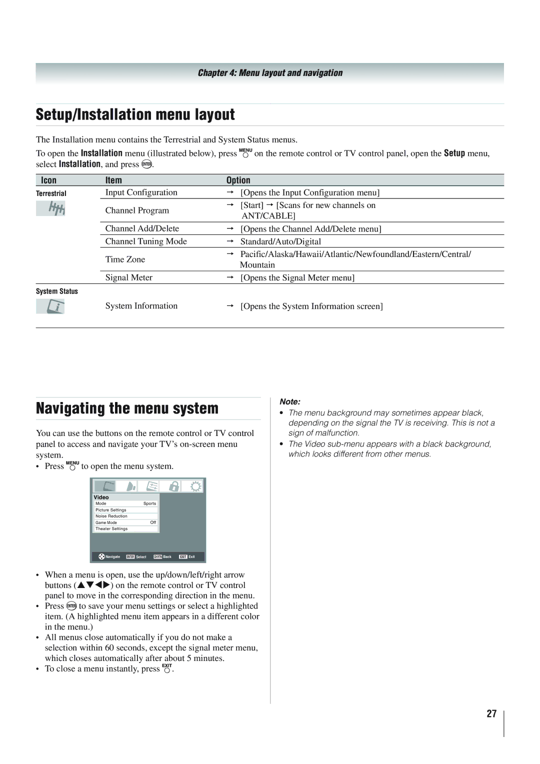 Panasonic 40RV52R, 46RV525R, 40RV525R owner manual Setup/Installation menu layout, Navigating the menu system 