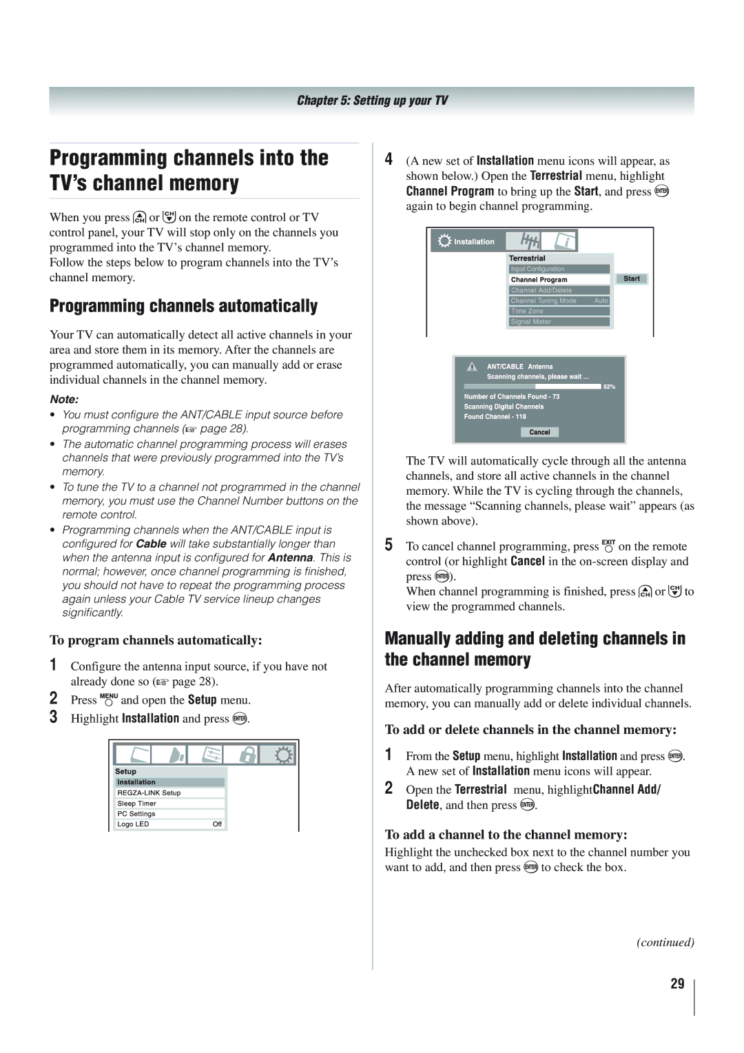 Panasonic 40RV525R, 40RV52R, 46RV525R Programming channels into the TV’s channel memory, Programming channels automatically 