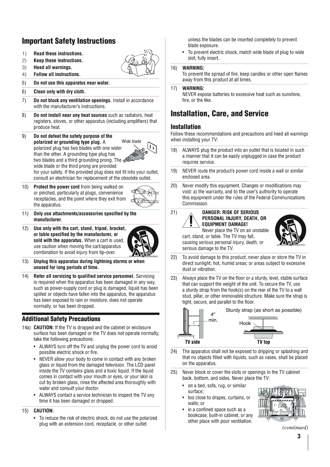 Panasonic 40RV52R, 46RV525R Important Safety Instructions, Installation, Care, and Service, Additional Safety Precautions 