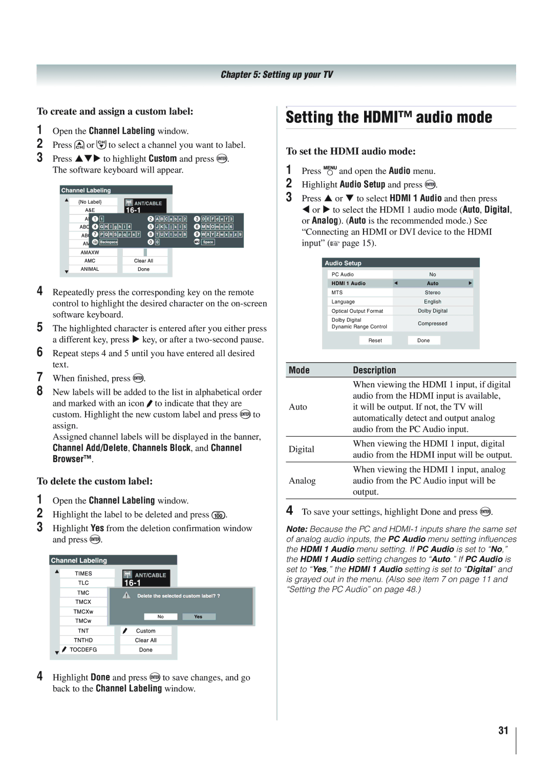 Panasonic 46RV525R, 40RV52R Setting the Hdmi audio mode, To create and assign a custom label, To set the Hdmi audio mode 