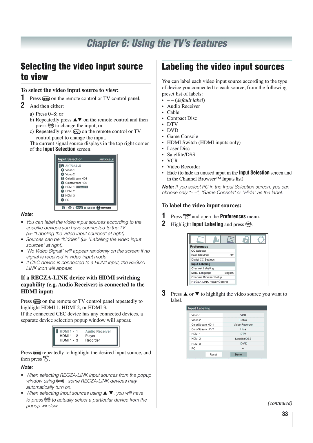 Panasonic 40RV52R Using the TV’s features, Selecting the video input source to view, Labeling the video input sources 