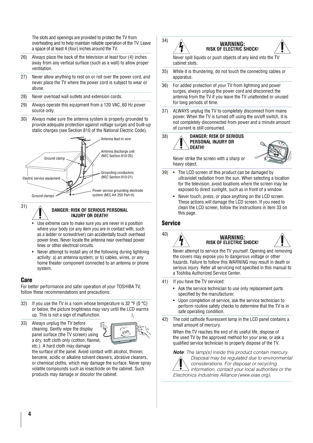 Panasonic 46RV525R, 40RV52R, 40RV525R owner manual Care, Service 