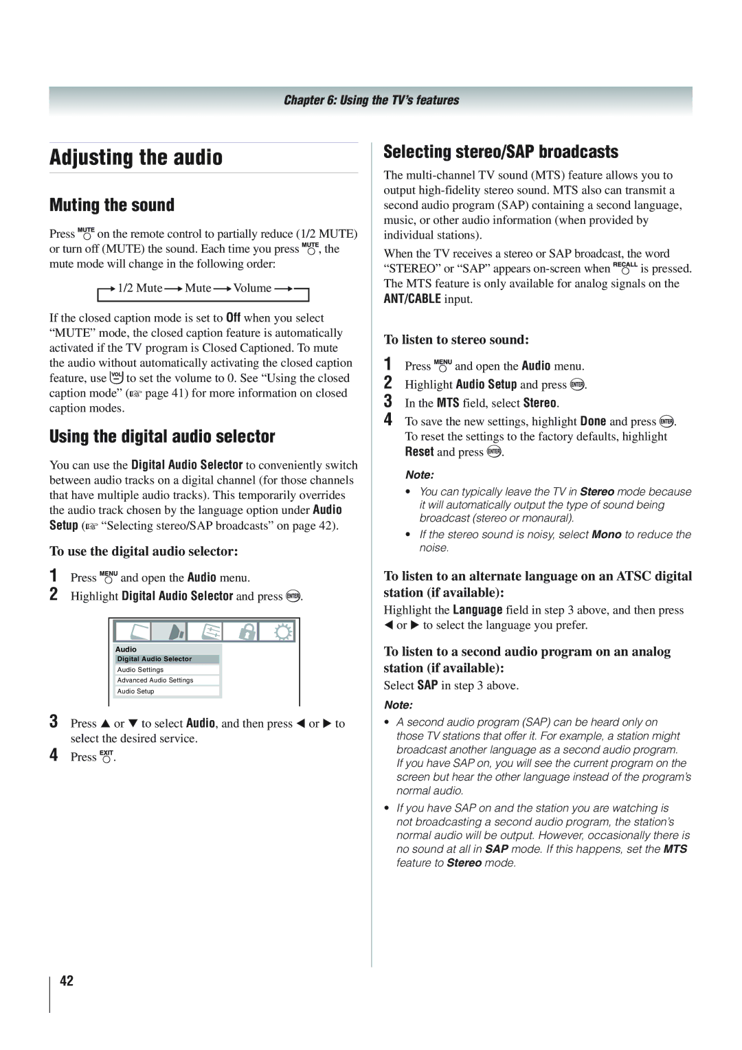 Panasonic 40RV52R Adjusting the audio, Muting the sound, Using the digital audio selector, Selecting stereo/SAP broadcasts 