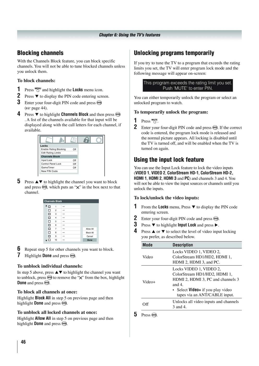 Panasonic 46RV525R, 40RV52R, 40RV525R Blocking channels, Unlocking programs temporarily, Using the input lock feature 