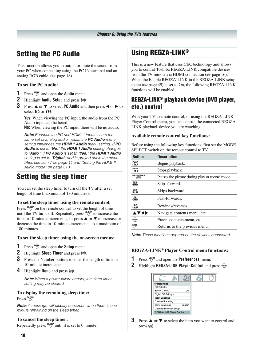 Panasonic 40RV52R, 46RV525R, 40RV525R owner manual Setting the PC Audio, Setting the sleep timer, Using REGZA-LINK 