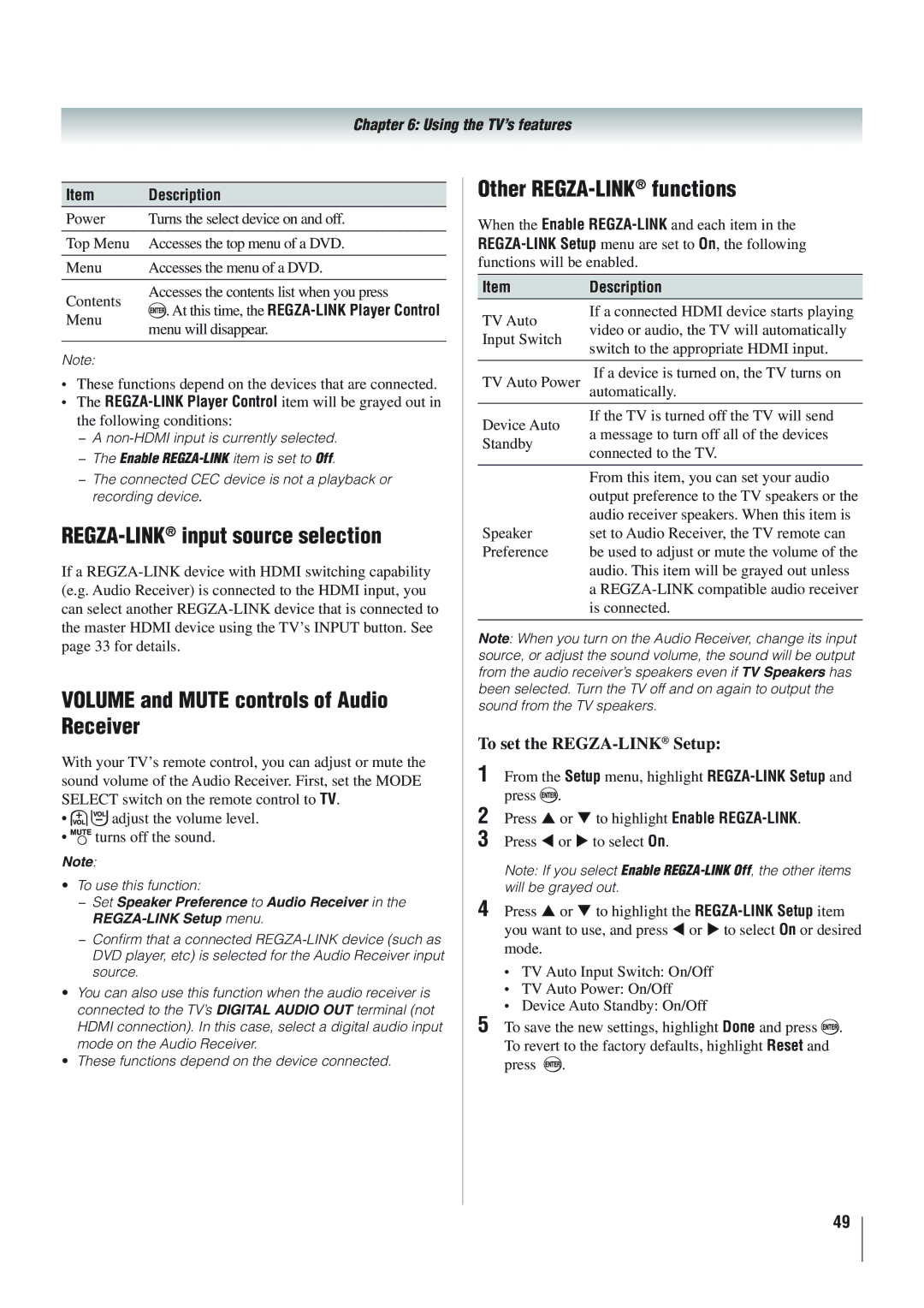 Panasonic 46RV525R REGZA-LINKinput source selection, Volume and Mute controls of Audio Receiver, Other REGZA-LINKfunctions 