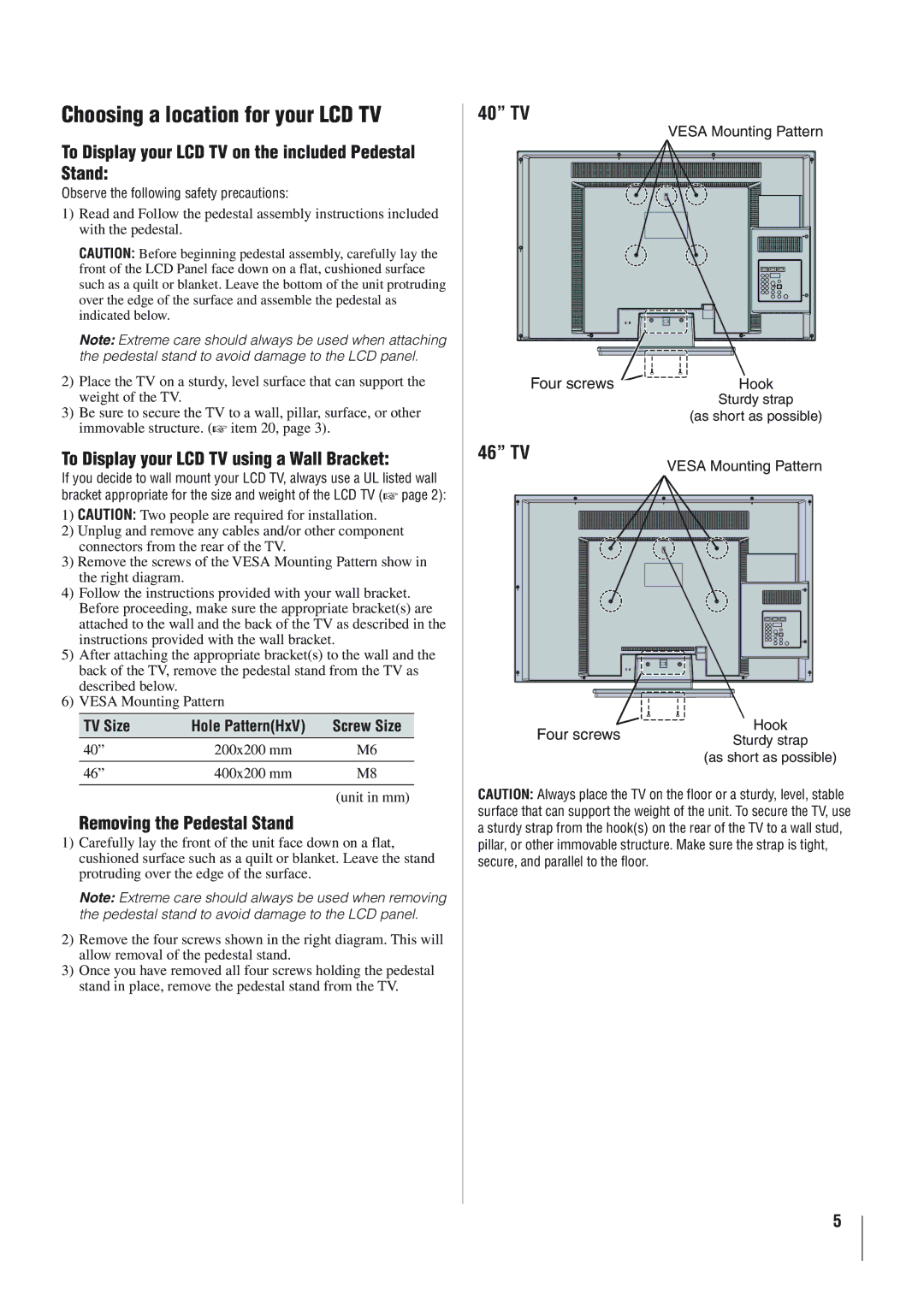 Panasonic 40RV525R, 40RV52R Choosing a location for your LCD TV, To Display your LCD TV on the included Pedestal Stand 