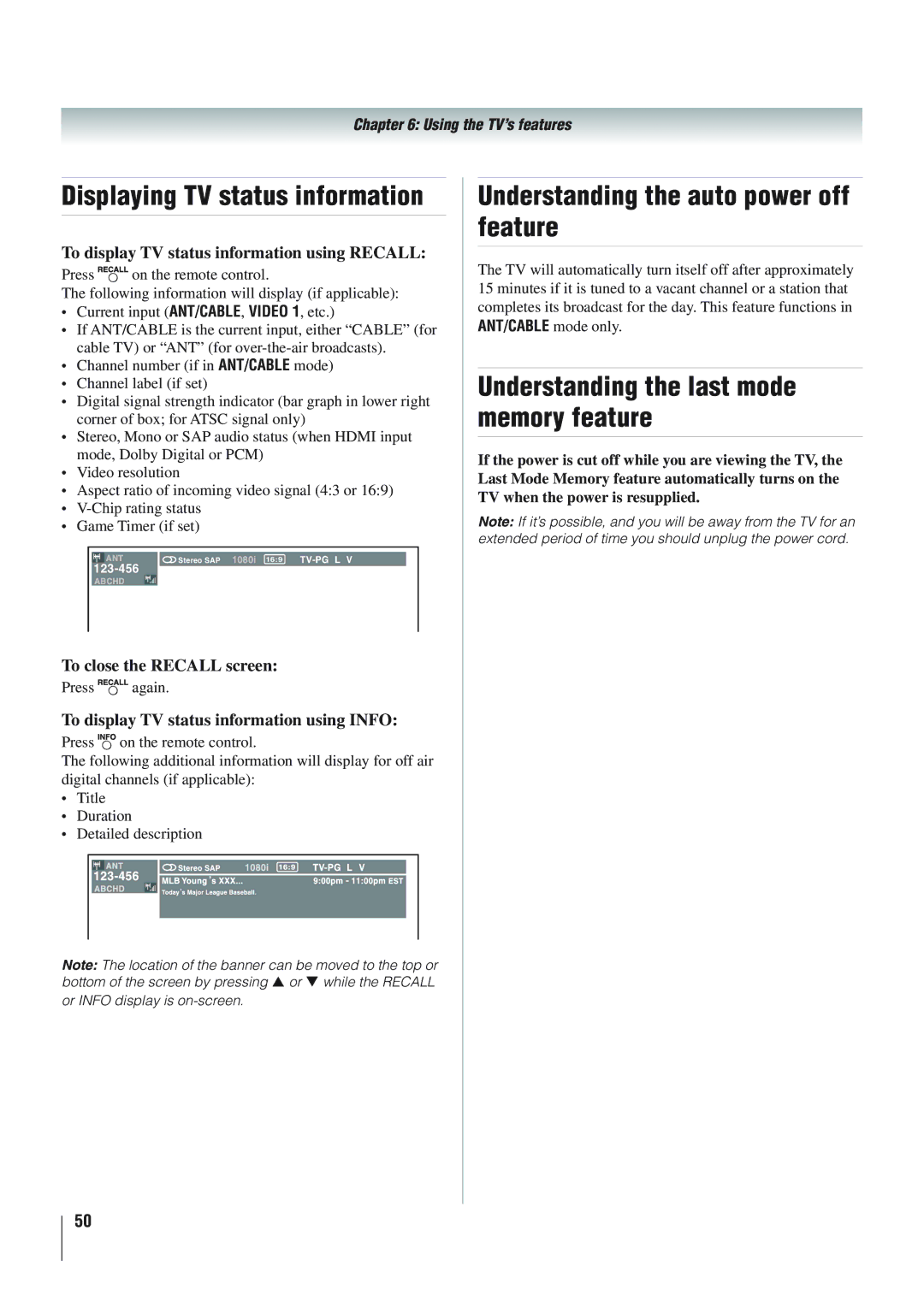 Panasonic 40RV525R, 40RV52R, 46RV525R Understanding the auto power off feature, Understanding the last mode memory feature 