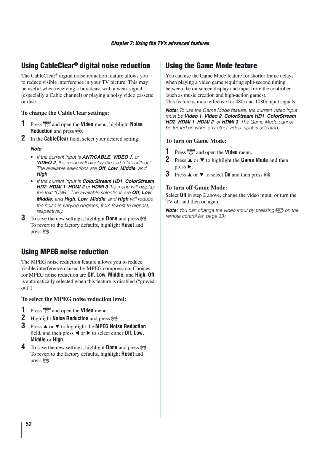 Panasonic 46RV525R, 40RV52R, 40RV525R owner manual Using Mpeg noise reduction, Using the Game Mode feature 