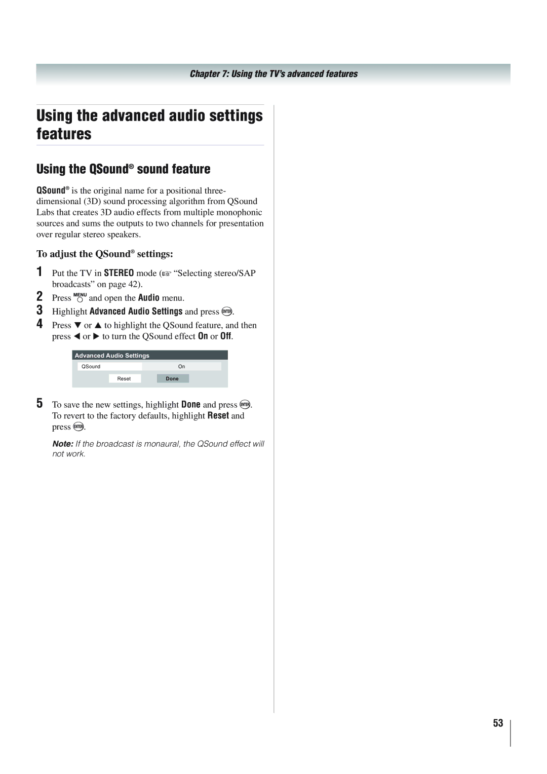 Panasonic 40RV525R, 40RV52R, 46RV525R owner manual Using the advanced audio settings features, Using the QSound sound feature 