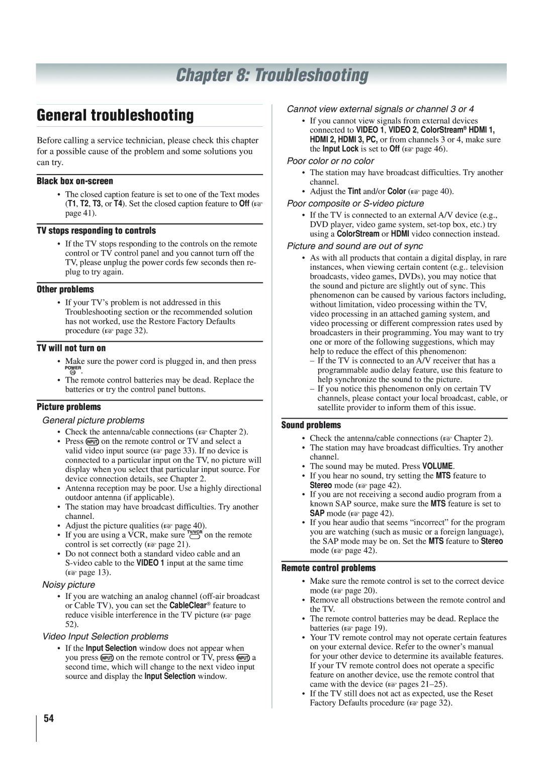 Panasonic 40RV52R, 46RV525R, 40RV525R owner manual Troubleshooting, General troubleshooting 