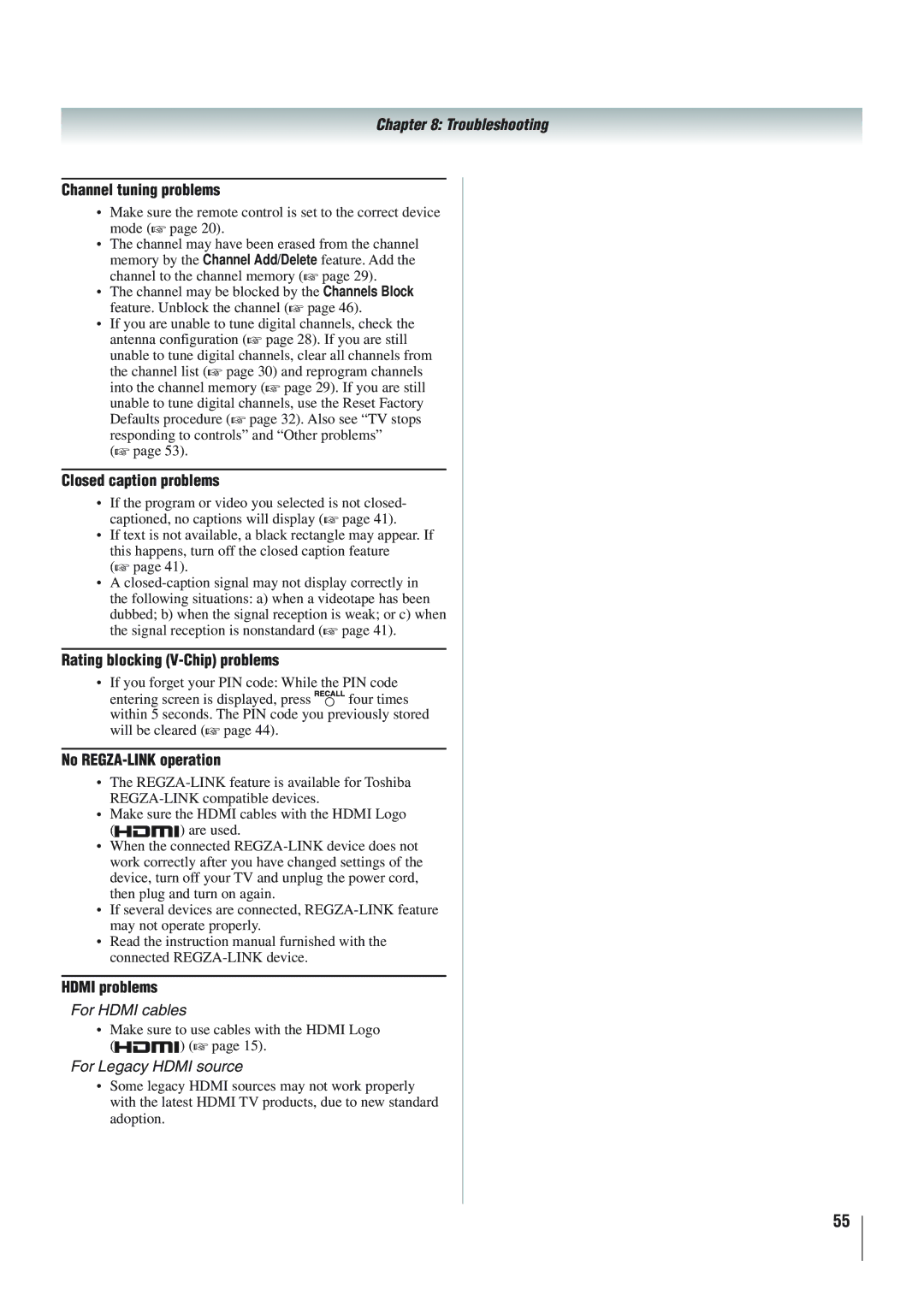 Panasonic 46RV525R Channel tuning problems, Closed caption problems, Rating blocking V-Chip problems, Hdmi problems 