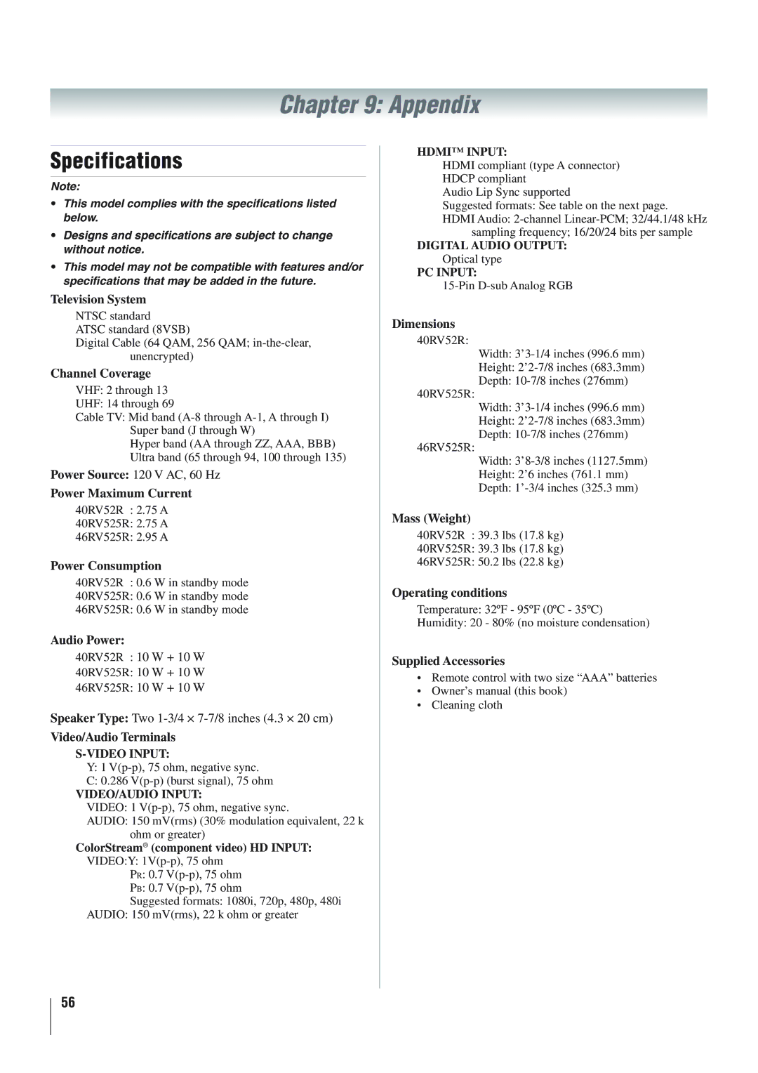 Panasonic 40RV525R, 40RV52R, 46RV525R owner manual Appendix, Specifications 