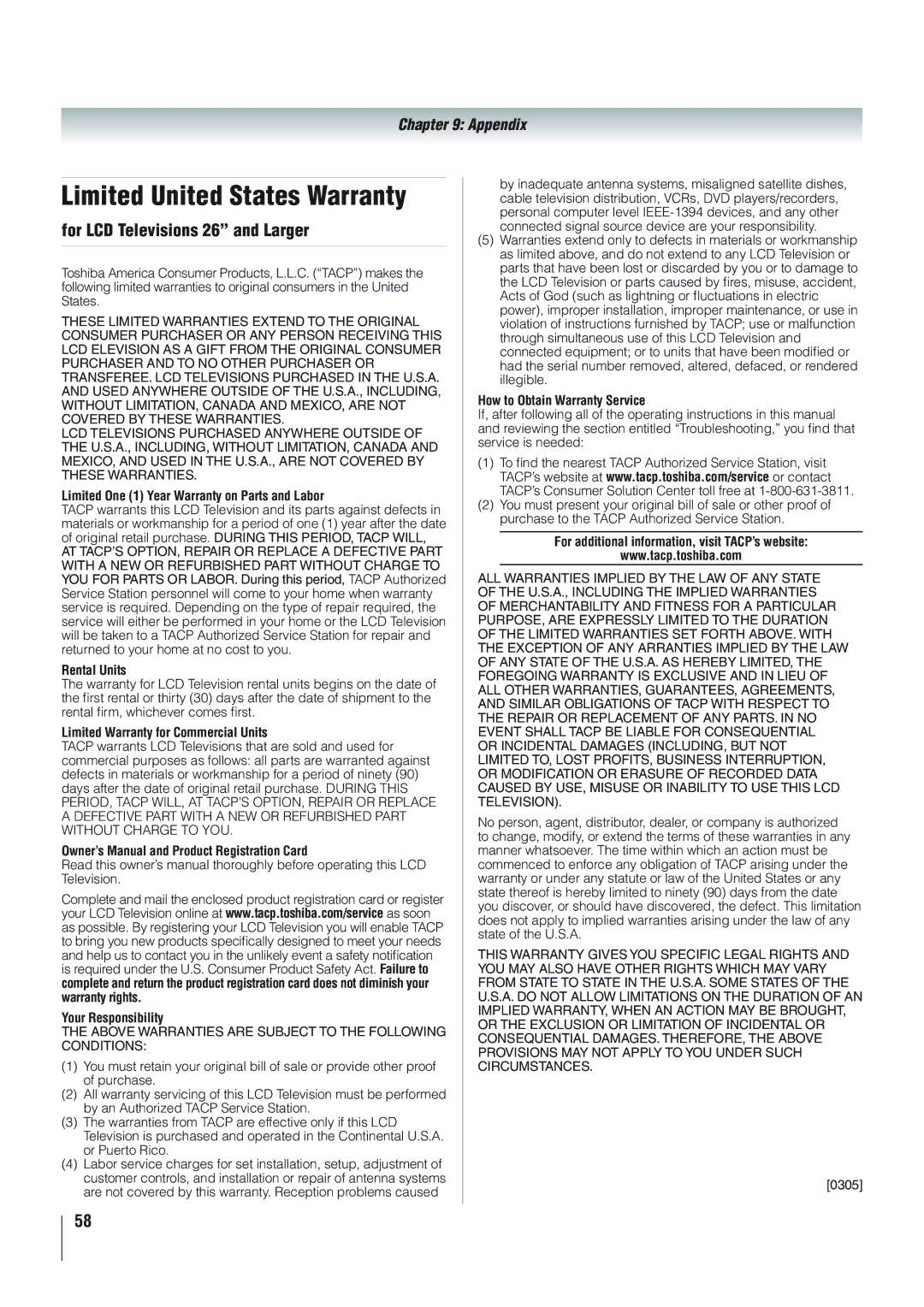 Panasonic 46RV525R, 40RV52R, 40RV525R owner manual Limited United States Warranty, For LCD Televisions 26 and Larger 