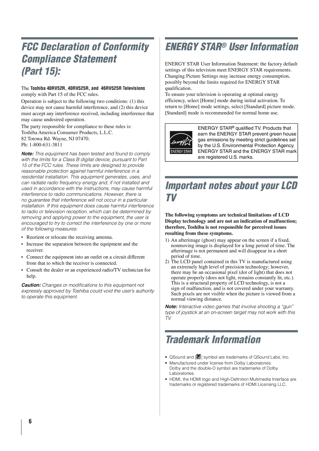 Panasonic 40RV52R, 46RV525R, 40RV525R owner manual Part, Important notes about your LCD TV, Trademark Information 