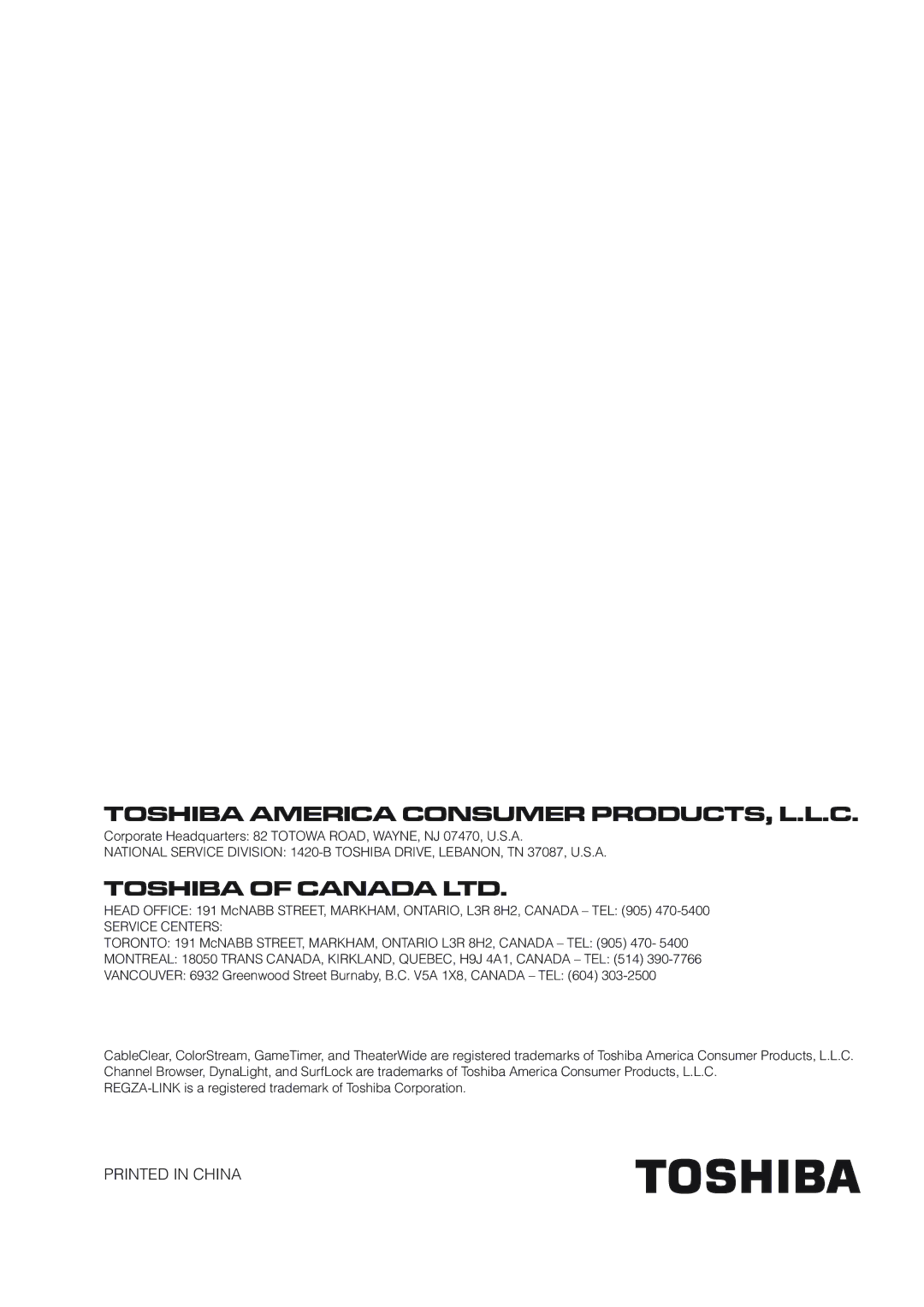 Panasonic 40RV525R, 40RV52R, 46RV525R owner manual Toshiba America Consumer PRODUCTS, L.L.C 