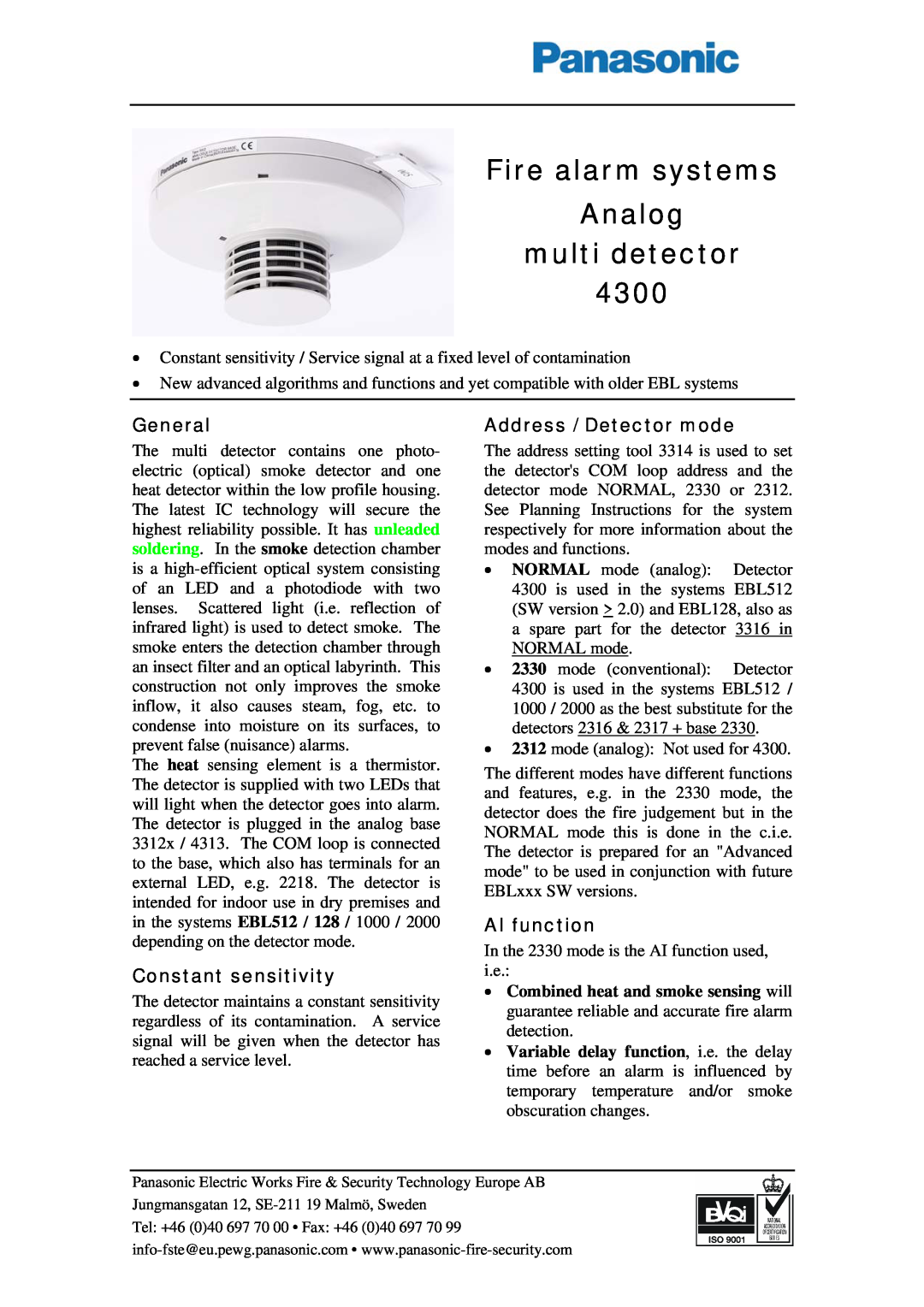 Panasonic 4300 manual Fire alarm systems Analog multi detector, General, Constant sensitivity, Address / Detector mode 