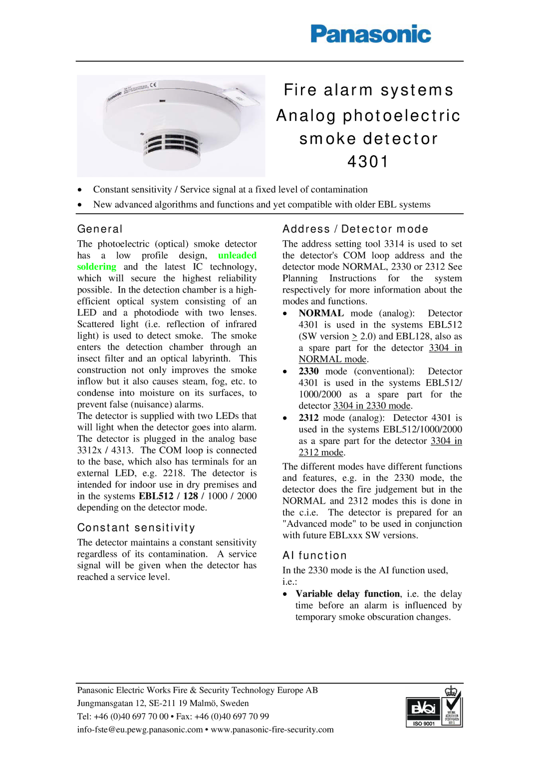 Panasonic manual Fire alarm systems Analog photoelectric Smoke detector 4301, General, Constant sensitivity 