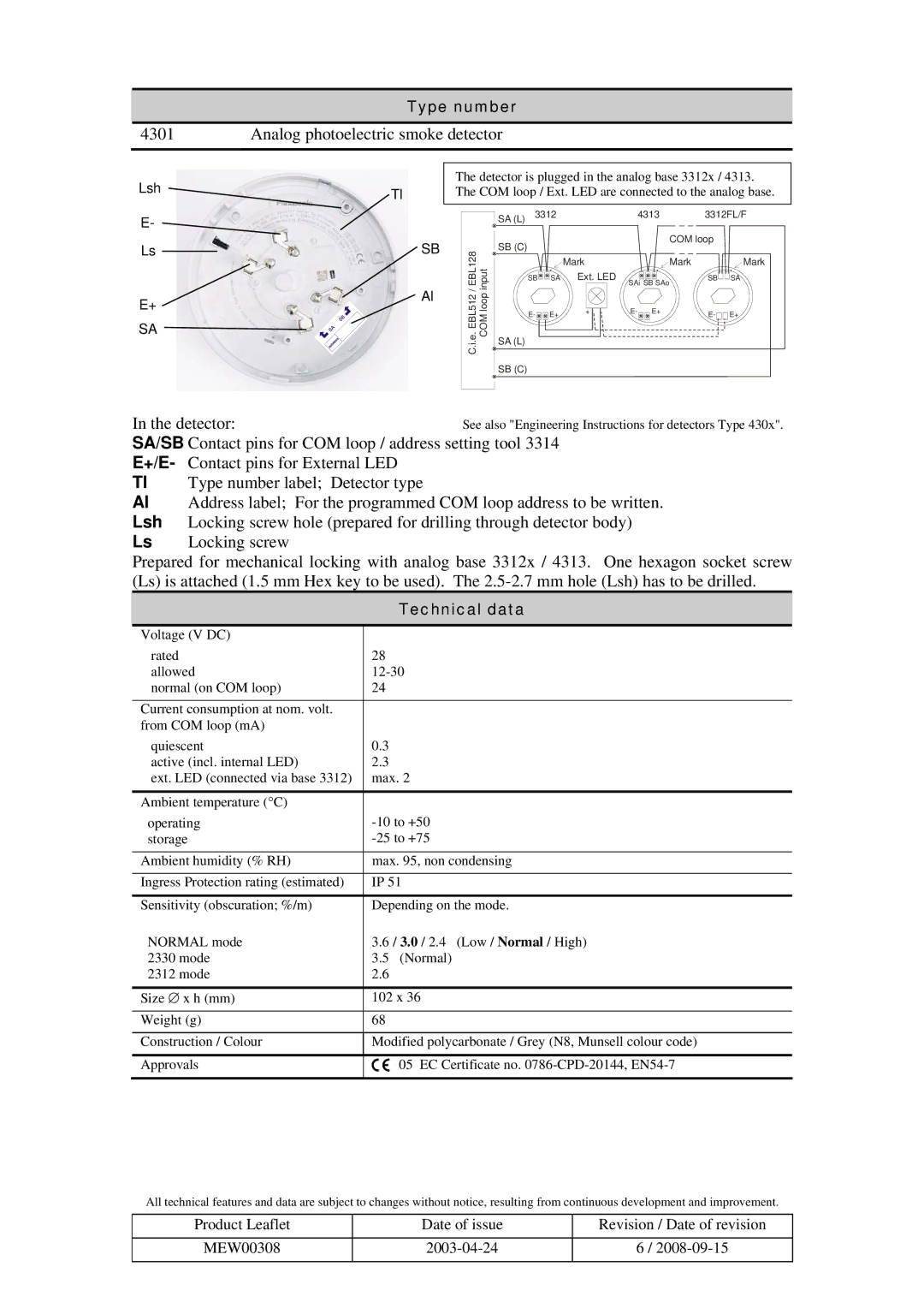 Panasonic 4301 Analog photoelectric smoke detector, Detector, SA/SB Contact pins for COM loop / address setting tool, Lsh 