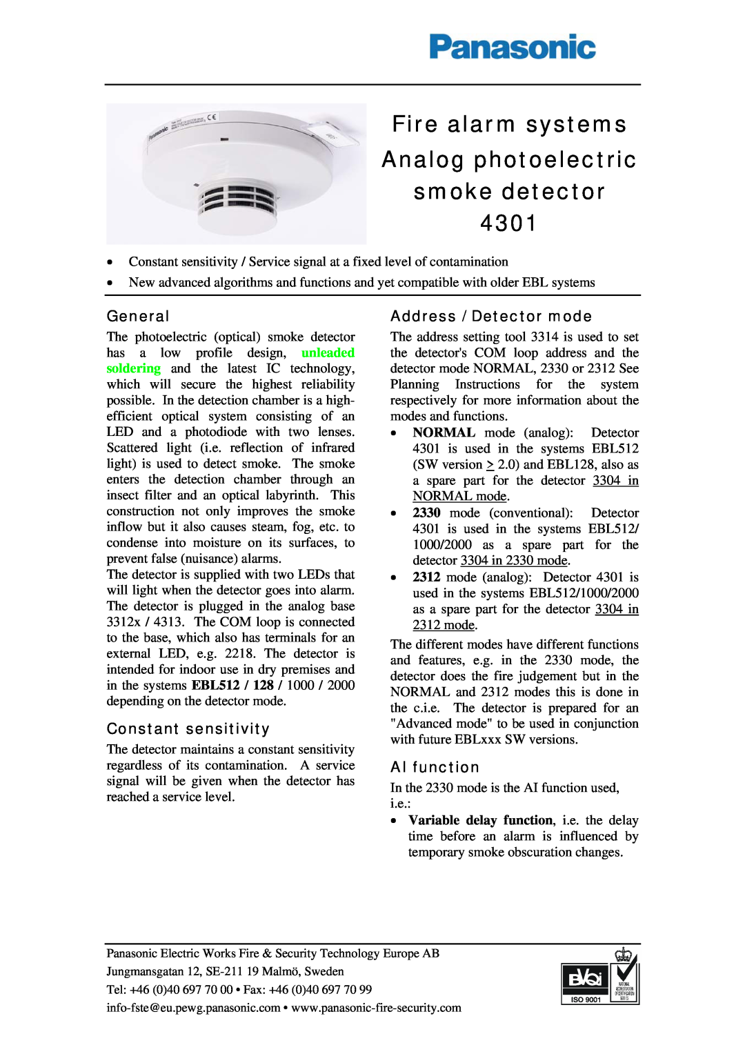 Panasonic 4301 manual Fire alarm systems Analog photoelectric smoke detector, General, Constant sensitivity, AI function 