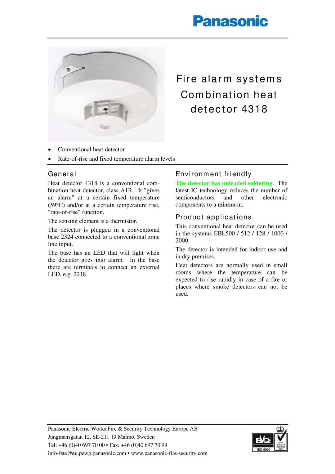 Panasonic 4318 manual Fire alarm systems Combination heat Detector, General, Environment friendly, Product applications 