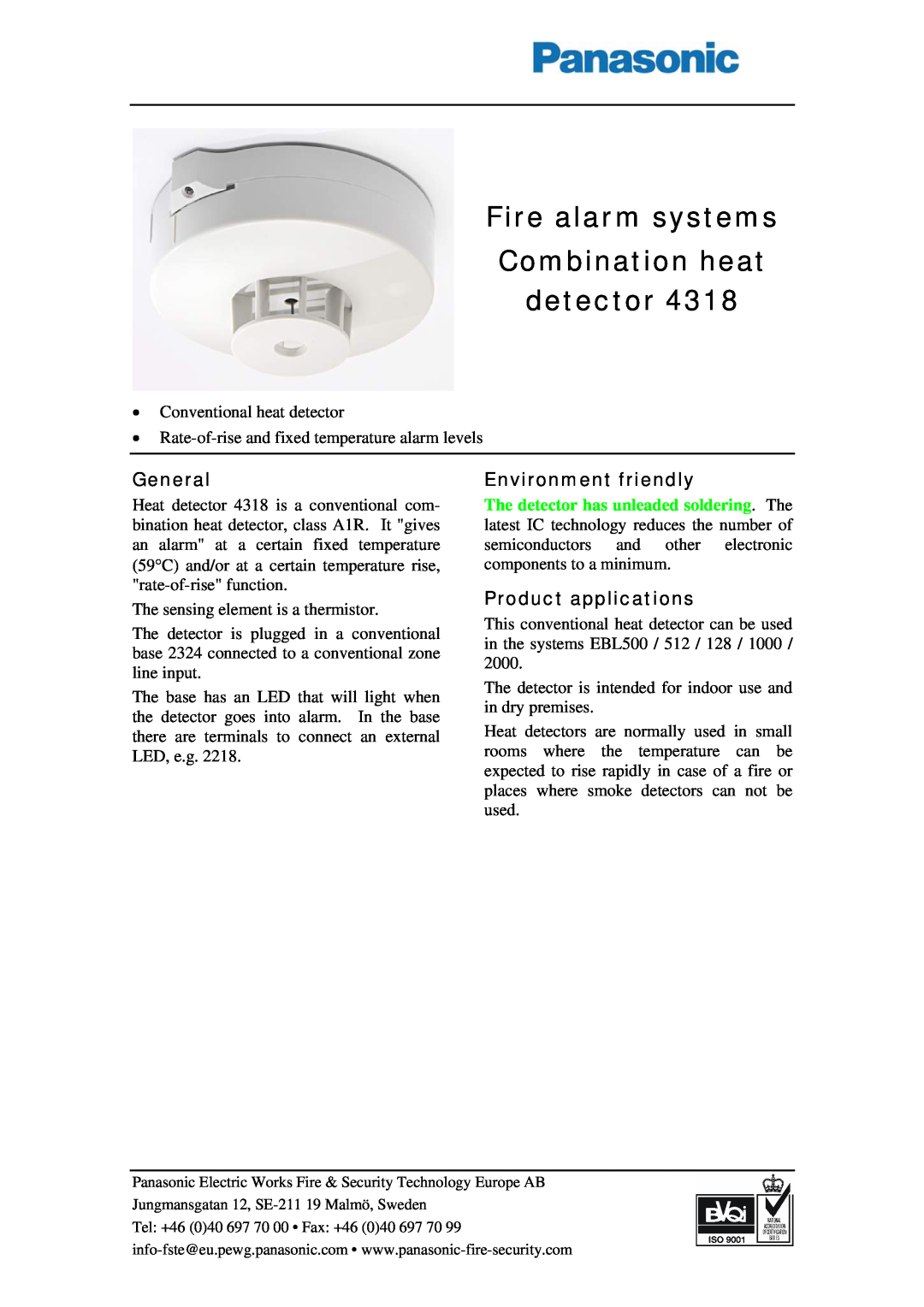 Panasonic 4318 manual Fire alarm systems Combination heat detector, General, Environment friendly, Product applications 