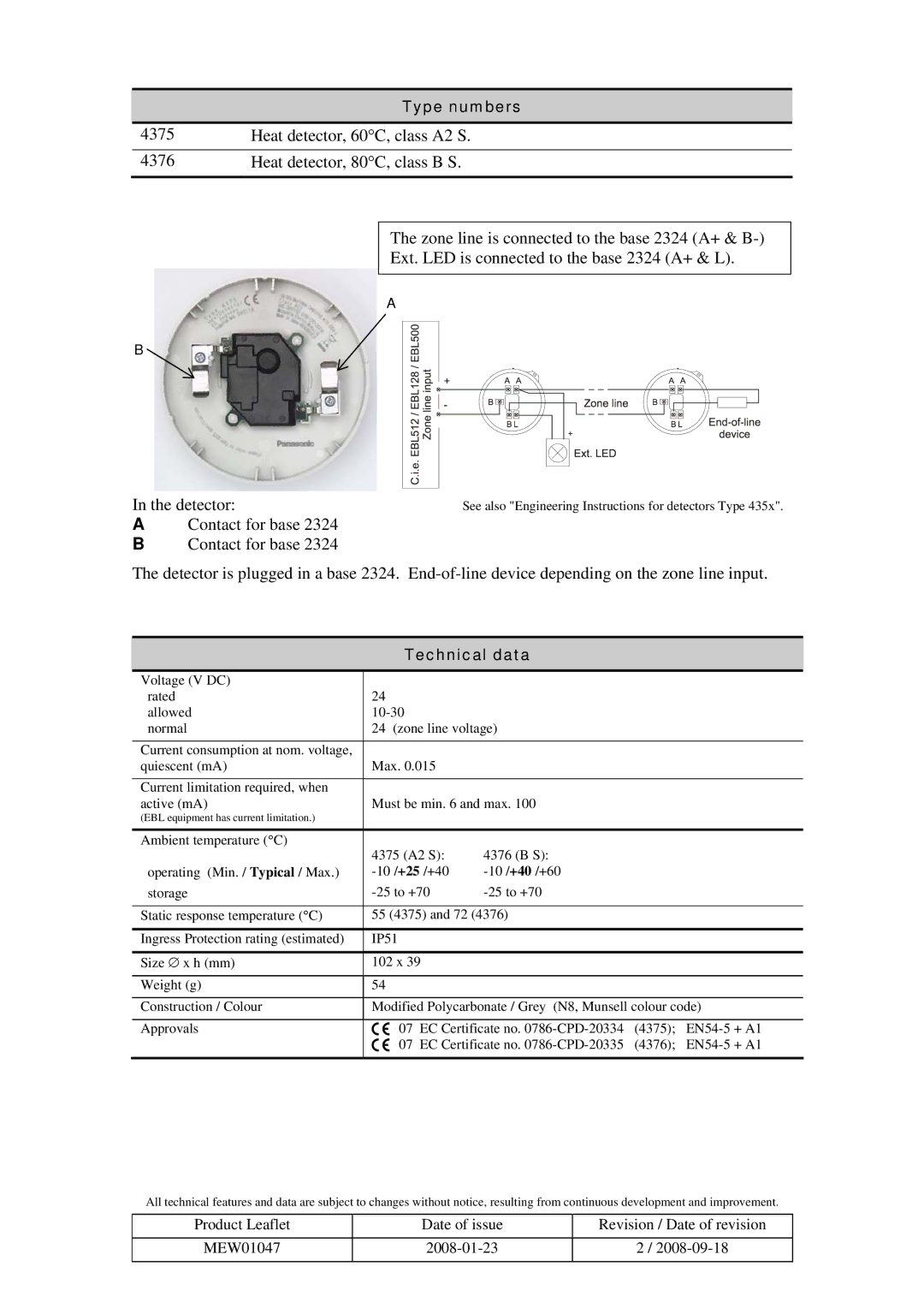 Panasonic 4375, 4376 manual Type numbers, Technical data 