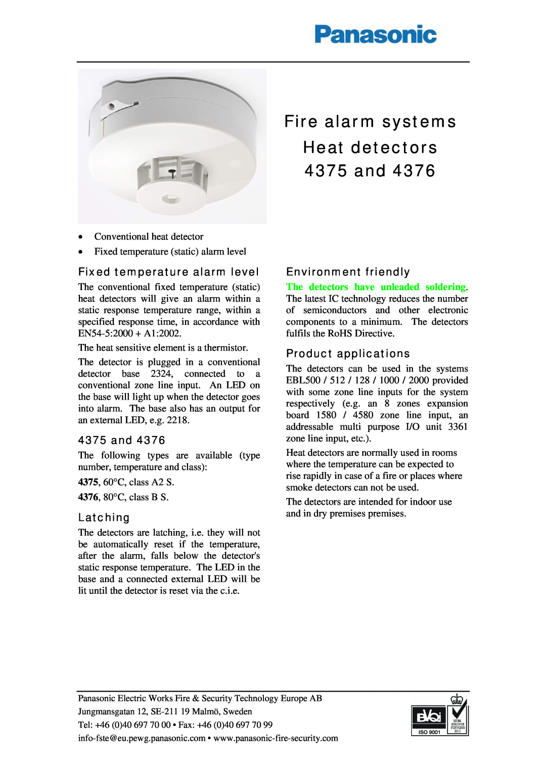 Panasonic 4376 manual Fire alarm systems Heat detectors 4375 and, Fixed temperature alarm level, Latching 