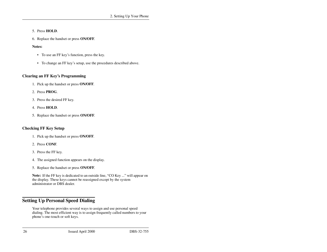 Panasonic 44-Series manual Setting Up Personal Speed Dialing, Clearing an FF Key’s Programming, Checking FF Key Setup 